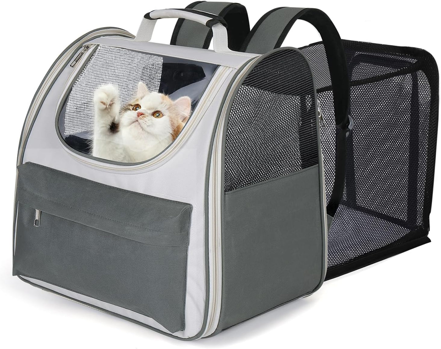 Large Cat Backpack Carrier, Expandable Roomy Pet Carrier Backpack for Medium Cat/Small Dog Puppy under 18Lbs, Breathable Foldable Dog Backpack Travel Airline Approved for Camping Outdoor, Gray