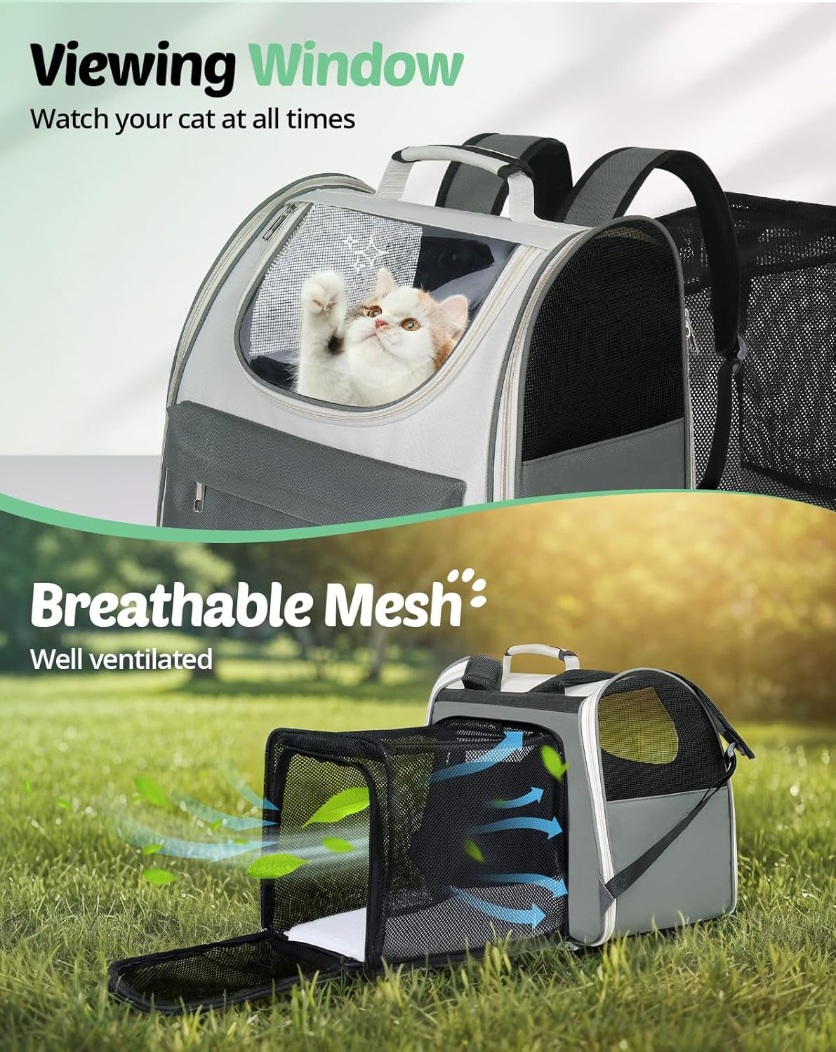 Large Cat Backpack Carrier, Expandable Roomy Pet Carrier Backpack for Medium Cat/Small Dog Puppy under 18Lbs, Breathable Foldable Dog Backpack Travel Airline Approved for Camping Outdoor, Gray