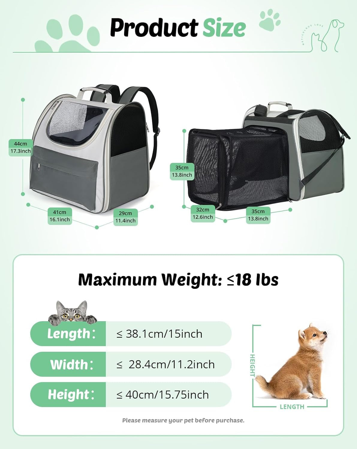Large Cat Backpack Carrier, Expandable Roomy Pet Carrier Backpack for Medium Cat/Small Dog Puppy under 18Lbs, Breathable Foldable Dog Backpack Travel Airline Approved for Camping Outdoor, Gray