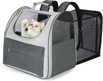 Large Cat Backpack Carrier, Expandable Roomy Pet Carrier Backpack for Medium Cat/Small Dog Puppy under 18Lbs, Breathable Foldable Dog Backpack Travel Airline Approved for Camping Outdoor, Gray