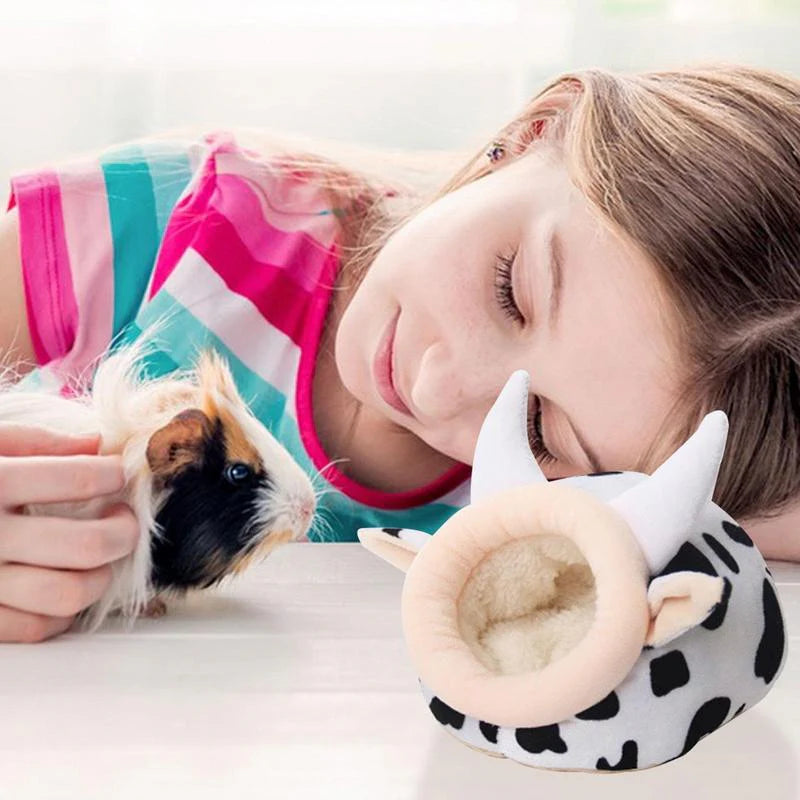 Warm Cave Bed Cow Shape Puppy House for Pet Cave Bed Cozy Cage Hideout House Beds for Guinea Pig Chinchilla Hamster Hedgehog