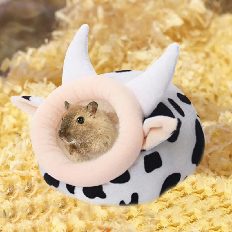 Warm Cave Bed Cow Shape Puppy House for Pet Cave Bed Cozy Cage Hideout House Beds for Guinea Pig Chinchilla Hamster Hedgehog