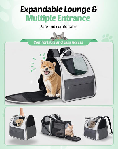 Large Cat Backpack Carrier, Expandable Roomy Pet Carrier Backpack for Medium Cat/Small Dog Puppy under 18Lbs, Breathable Foldable Dog Backpack Travel Airline Approved for Camping Outdoor, Gray